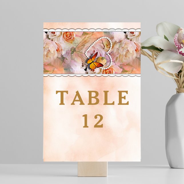 Numéro De Table Butterfly Pearl Heart Floral Serenity Rose Mariage (Butterfly Pearl Heart Floral Serenity Rose Wedding Table Number)