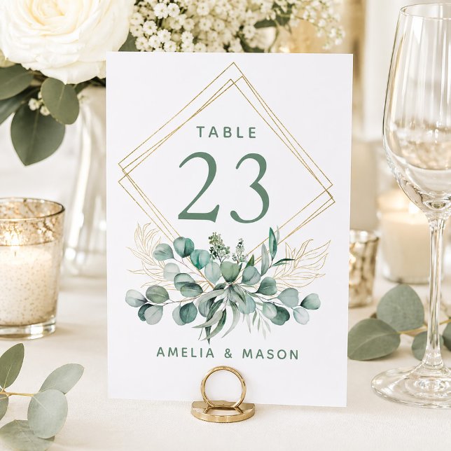 Numéro De Table Cadre de mariage doré à la verdure botanique d'euc (Eucalyptus Greenery Faux Gold Wedding Table Number)