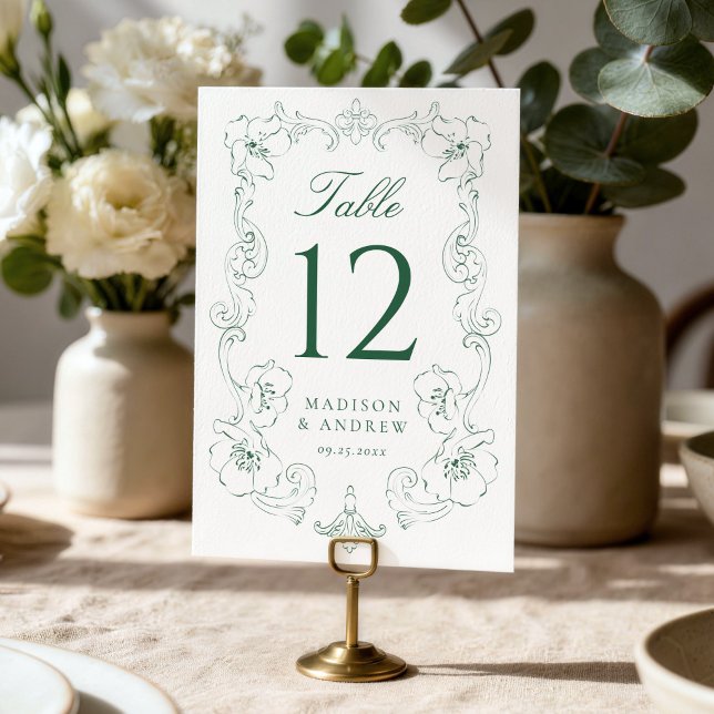 Numéro De Table Cadre de mariage floral orné vert élégant (Créateur téléchargé)