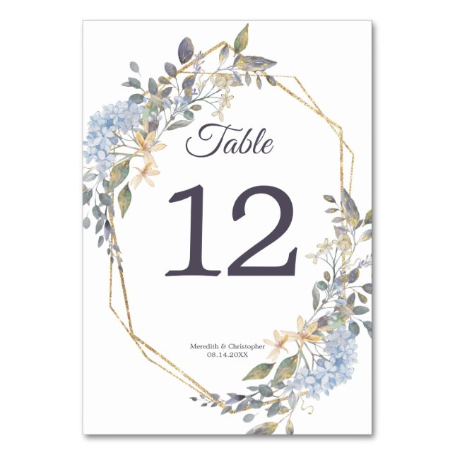 Numéro De Table Cadre d'or géométrique Dusty Blue Florals Mariage (Par défaut)