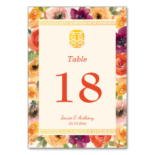Numéro De Table Cadre fleuri coloré mariage chinois beige