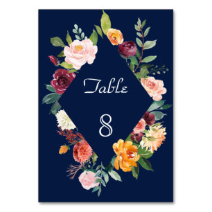 Numéro De Table Cadre floral bordeaux rose pour mariage bleu foncé