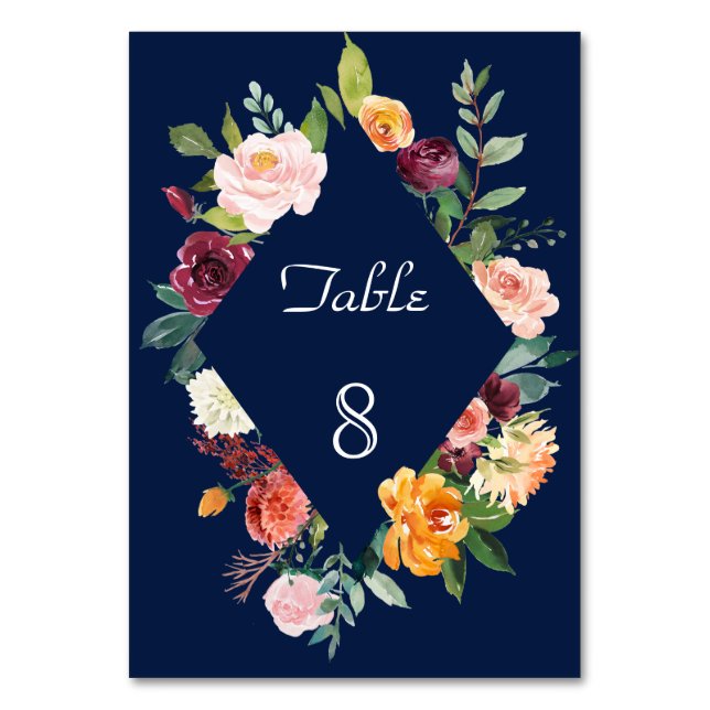 Numéro De Table Cadre floral bordeaux rose pour mariage bleu foncé (Par défaut)