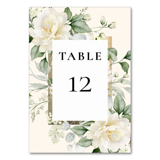 Numéro De Table Cadre Vert Sauge Eucalyptus Rose Ivoire & Or (Dos)