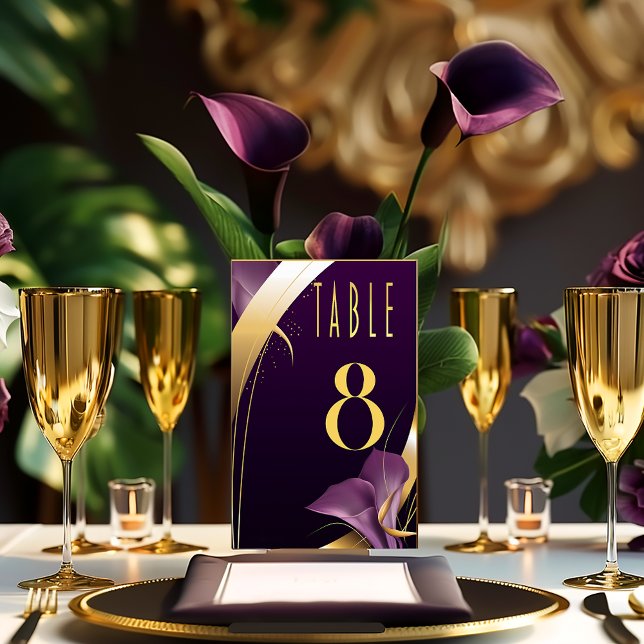 Numéro De Table Calla Lily de violet et or élégant (Sleek Purple Calla Lily and Gold Accent Wedding Table Number  )