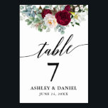 Numéro De Table Calligraphie Aquarelle Bourgogne Floral Mariage<br><div class="desc">Script de calligraphie élégante moderne Aquarelle Bourgogne Mariage Floral Carte de table</div>