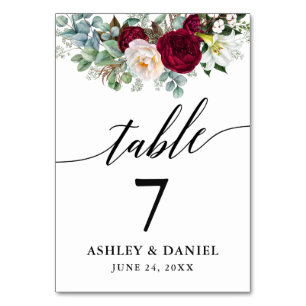 Numéro De Table Calligraphie Aquarelle Bourgogne Floral Mariage
