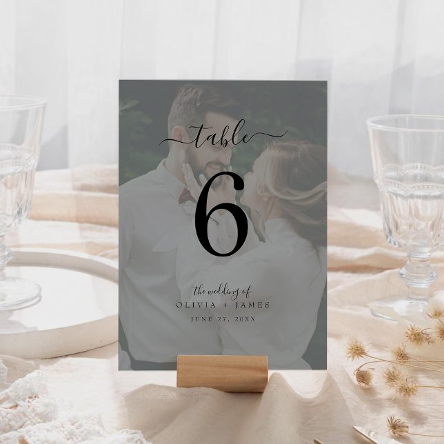 Numéro De Table Calligraphie classique minimaliste photo Mariage (Minimalist Classic Calligraphy Wedding Photo Table Number)