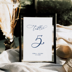 Numéro De Table Calligraphie élégante bleu marine Tableau 5 Mariag