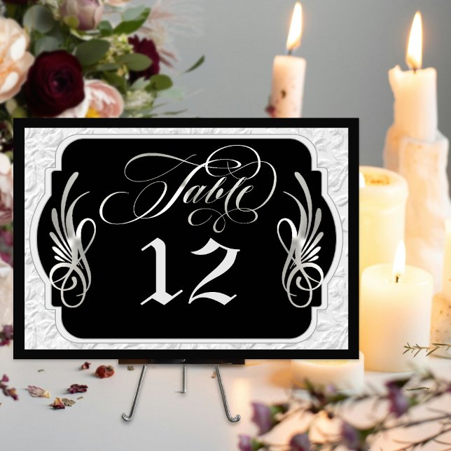 Numéro De Table Calligraphie Élégante Faux Embossée - Noir/Argent (Créateur téléchargé)