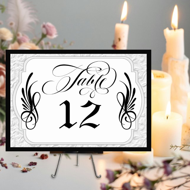 Numéro De Table Calligraphie Élégante Faux Gaufrage - Blanc/Noir (Créateur téléchargé)