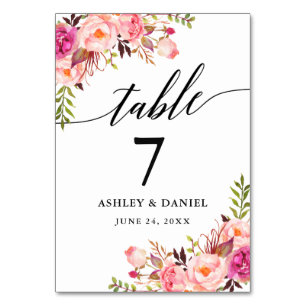 Numéro De Table Calligraphie Mariage floral rose