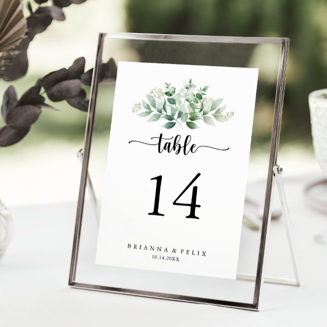 Numéro De Table Calligraphie minimaliste Mariage d'eucalyptus vert (Créateur téléchargé)