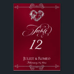 Numéro De Table Calligraphy & Silver Heart - Burgundy Table Number<br><div class="desc">The design features an elegant burgundy background embellished with scroll borders, a heart and placeholders for the table number, couple's names and date of event. Available in several colors for your wedding theme. Designed to coordinate with the Romantic Scroll Hearts & Calligraphy Wedding Collection. To change details, click «Personalize». To...</div>