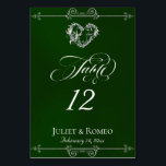 Numéro De Table Calligraphy & Silver Heart - Emerald Table Number<br><div class="desc">The design features an elegant emerald green background embellished with scroll borders, a heart and placeholders for the table number, couple's names and date of event. Available in several colors for your wedding theme. Designed to coordinate with the Romantic Scroll Hearts & Calligraphy Wedding Collection. To change details, click «Personalize»....</div>