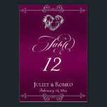 Numéro De Table Calligraphy & Silver Heart - Plum Table Number<br><div class="desc">The design features an elegant plum (purple) background embellished with scroll borders, a heart and placeholders for the table number, couple's names and date of event. Available in several colors for your wedding theme. (Glitter is simulated in the artwork). Designed to coordinate with the Romantic Scroll Hearts & Calligraphy Wedding...</div>