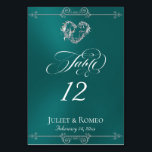 Numéro De Table Calligraphy & Silver Heart - Teal Table Number<br><div class="desc">The design features an elegant teal background embellished with scroll borders, a heart and placeholders for the table number, couple's names and date of event. Available in several colors for your wedding theme. Designed to coordinate with the Romantic Scroll Hearts & Calligraphy Wedding Collection. To change details, click «Personalize». To...</div>
