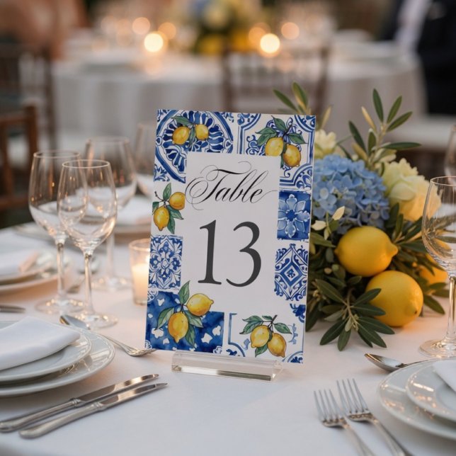 Numéro De Table Carreau Bleu de Mariage au Citron Méditerranéen (Créateur téléchargé)