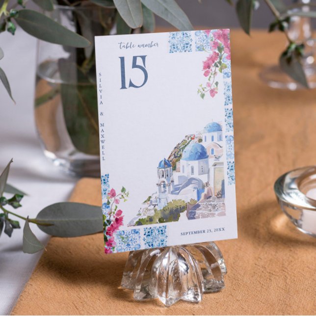 Numéro De Table Carreaux Aquarelle | Mariage Grèce  (Créateur téléchargé)