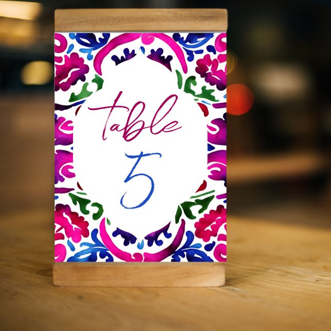 Numéro De Table Carreaux rose bleu mexicain nuptiale douche vaisse (Pink magenta blue Mexican Talavera tiles pattern table numbers personalized wedding bridal shower)
