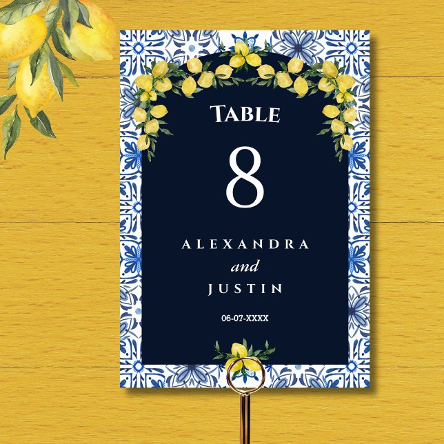 Numéro De Table Carrelage bleu Citron italien Mariage méditerranée (Créateur téléchargé)