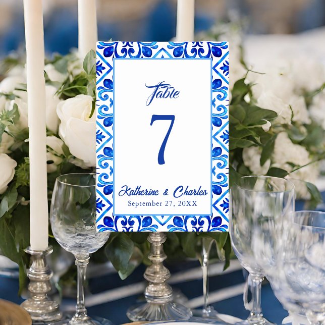 Numéro De Table Carrelage bleu et blanc Motif Mariage (Créateur téléchargé)