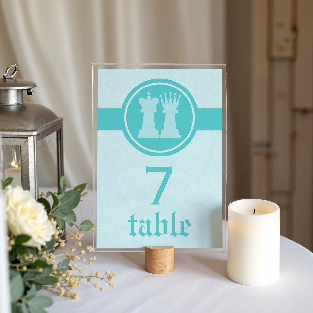 Numéro De Table Carton de table de mariage Roi et Reine d'échecs,  (Aqua Chess King and Queen Wedding Table Card)