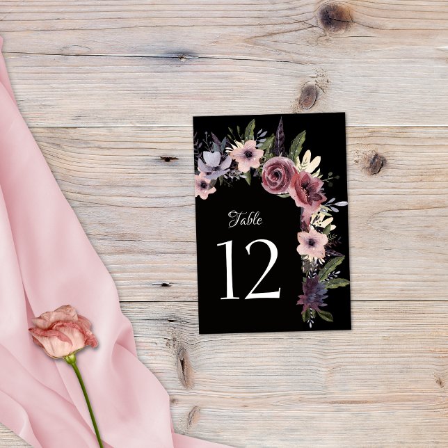 Numéro De Table Cascade Florale Noir Burgundy Élégant (Créateur téléchargé)
