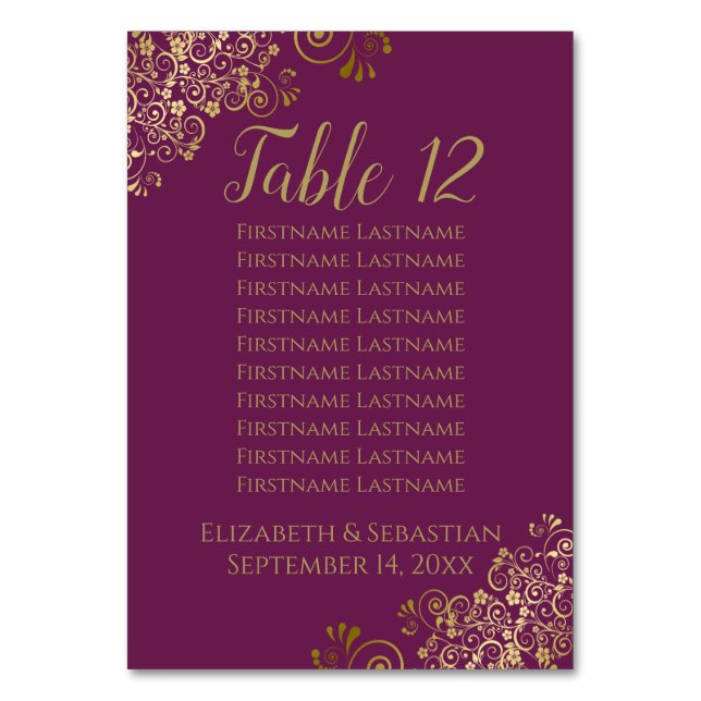 Numéro De Table Cassis Mariage violet en dentelle dorée (Par défaut)