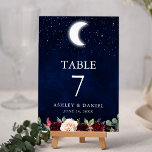 Numéro De Table Céleste Mariage Sky Stars Lune Floral<br><div class="desc">Carte de numéro de tableau de Mariage céleste Aquarelle bleu Sky Stars. Aquarelle Bourgogne bleu rose floral. Feuilles de verdure d'Eucalyptus.</div>