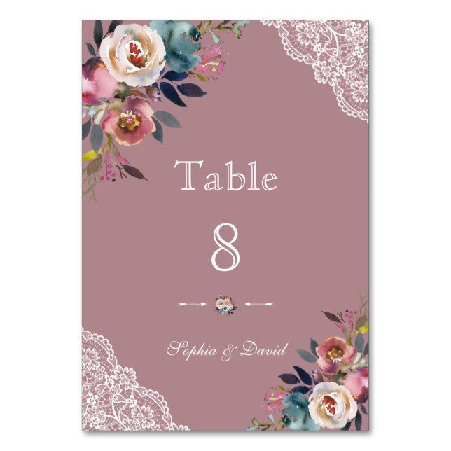 Numéro De Table Charme Dusty Blue Dusty Rose Floral Mariage (Dos)