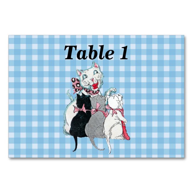 Numéro De Table Chat mère souriant blanc Trois chatons sur Plaid (Devant)