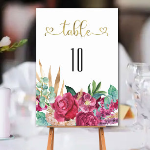 Numéro De Table Chaud rose Magenta Floral Élégant Gold Script Coeu