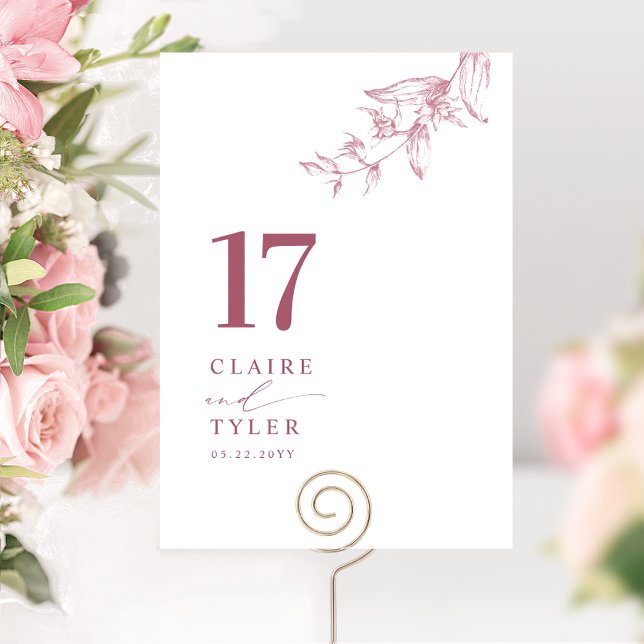 Numéro De Table Chic Botanique Minimal Bourgogne, Rose Mariage (Créateur téléchargé)