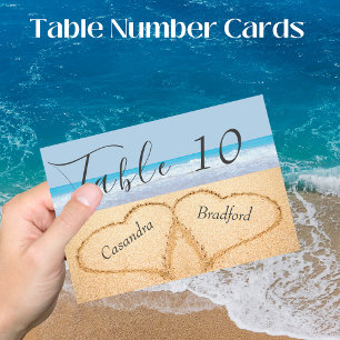 Numéro De Table Chic Dusty Blue Beach Mariage 2 Coeurs dans le sab