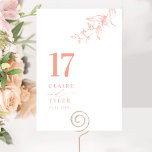 Numéro De Table Chic, minimaliste Mariage botanique rose pâle<br><div class="desc">Guidez vos invités à leur table avec cette carte de numéro de table de mariage élégante. Design élégant et simple avec des noms sur le côté avec le "et" dans la calligraphie manuscrite moderne. Délicat détail d'angle de verdure botanique dessiné à la main dans des teintes rose vif et pêche....</div>