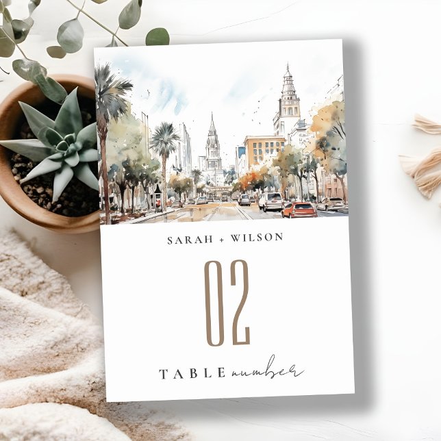 Numéro De Table Chic Orlando Floride Skyline Mariage d'aquarelle (Créateur téléchargé)