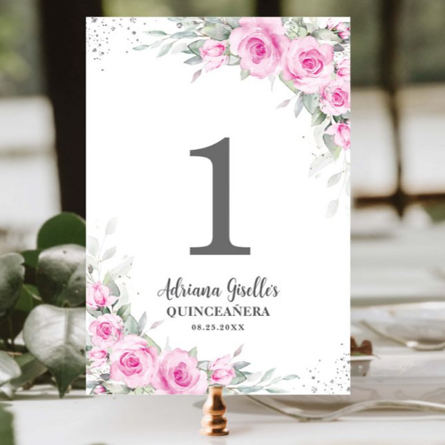 Numéro De Table Chic rose floral argent Quinceañera XV Sweet 16 (Créateur téléchargé)