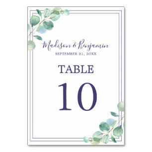 Numéro De Table Chic Script Green Foliing Marine Bleu Mariage fron
