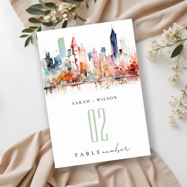 Numéro De Table Chicago Illinois Aquarelle Paysage Mariage (Créateur téléchargé)