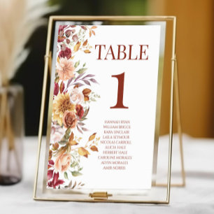Numéro De Table Chute Bourgogne Brown Beige Floral Mariage