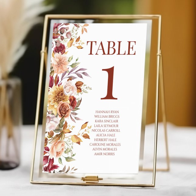 Numéro De Table Chute Bourgogne Brown Beige Floral Mariage (Créateur téléchargé)
