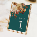 Numéro De Table Chute turquoise<br><div class="desc">Numéro de table d'automne turquoise. Guidez vos invités avec style en utilisant des numéros de table conçus pour se fondre harmonieusement avec votre esthétique automnale. Chaque carte est ornée de feuilles d'aquarelle signature en terre cuite et orange brûlée, associée à des dahlias beiges et des roses en cuivre, le tout...</div>