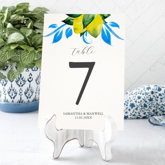 Numéro de table Citrons Mariage italien (table number card template botanical blue and yellow lemons watercolor art by Victoria Grigaliunas)