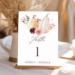 Numéro De Table Citrouille Automne Automne Rustique Mariage<br><div class="desc">Ce numéro de table mariage est composé de citrouilles blancs et jaunes aquarelles ornés de fleurs bordeaux,  marrons et roses rousses sur les feuilles d'automne. Pour une personnalisation plus avancée de cette conception,  cliquez sur le BOUTON OUTIL DESIGN BLEU ci-dessus</div>
