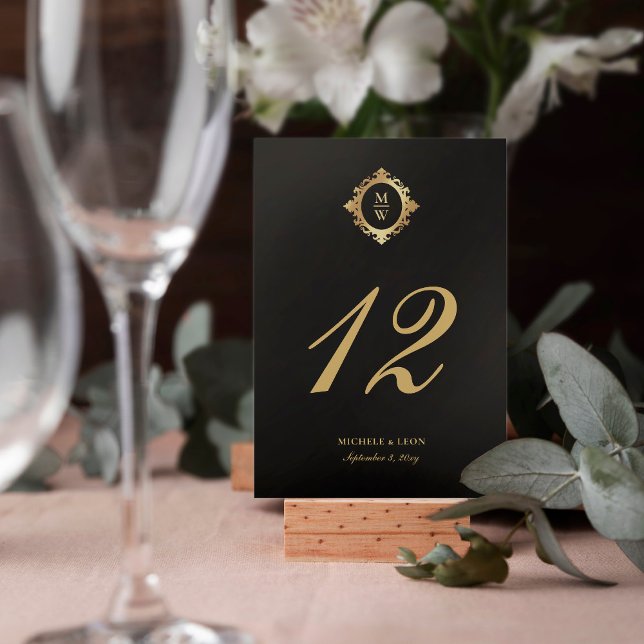Numéro De Table Classic Elegant Monogram Mariage Black Gold (Créateur téléchargé)