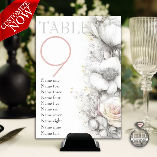 Numéro De Table Classique Moderne Fleurs d'Ivoire et Rose  (Créateur téléchargé)