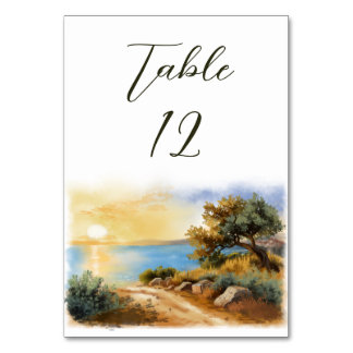 Numéro De Table Coast Watercolor Sunset Mediterranean Wedding