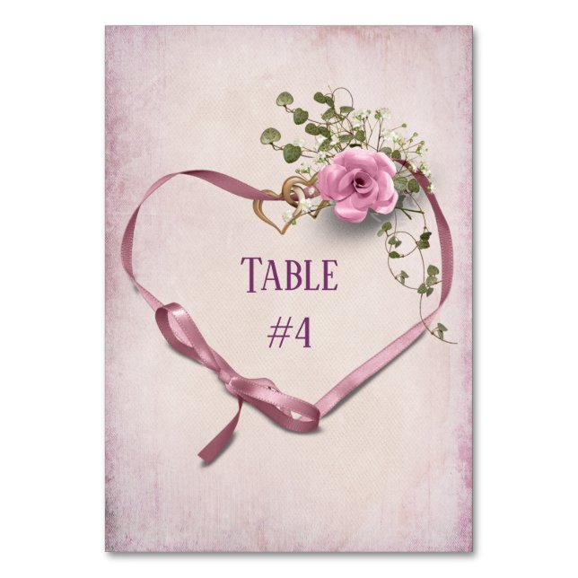 Numéro De Table Coeur de ruban rose avec anneaux (Par défaut)