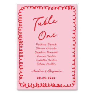 Numéro De Table cœur dessiné à la main rose et rouge mariage fanta